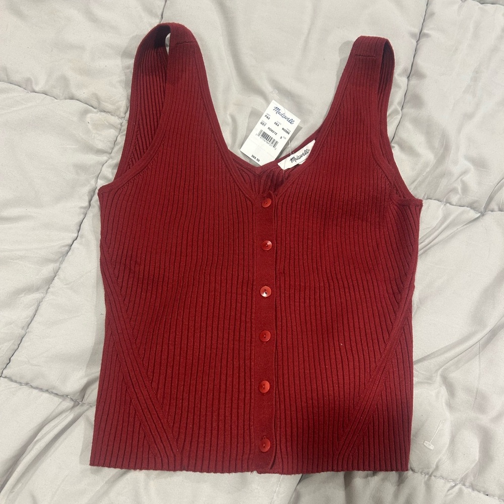 Red Button-Up Ribbed Tank Top
